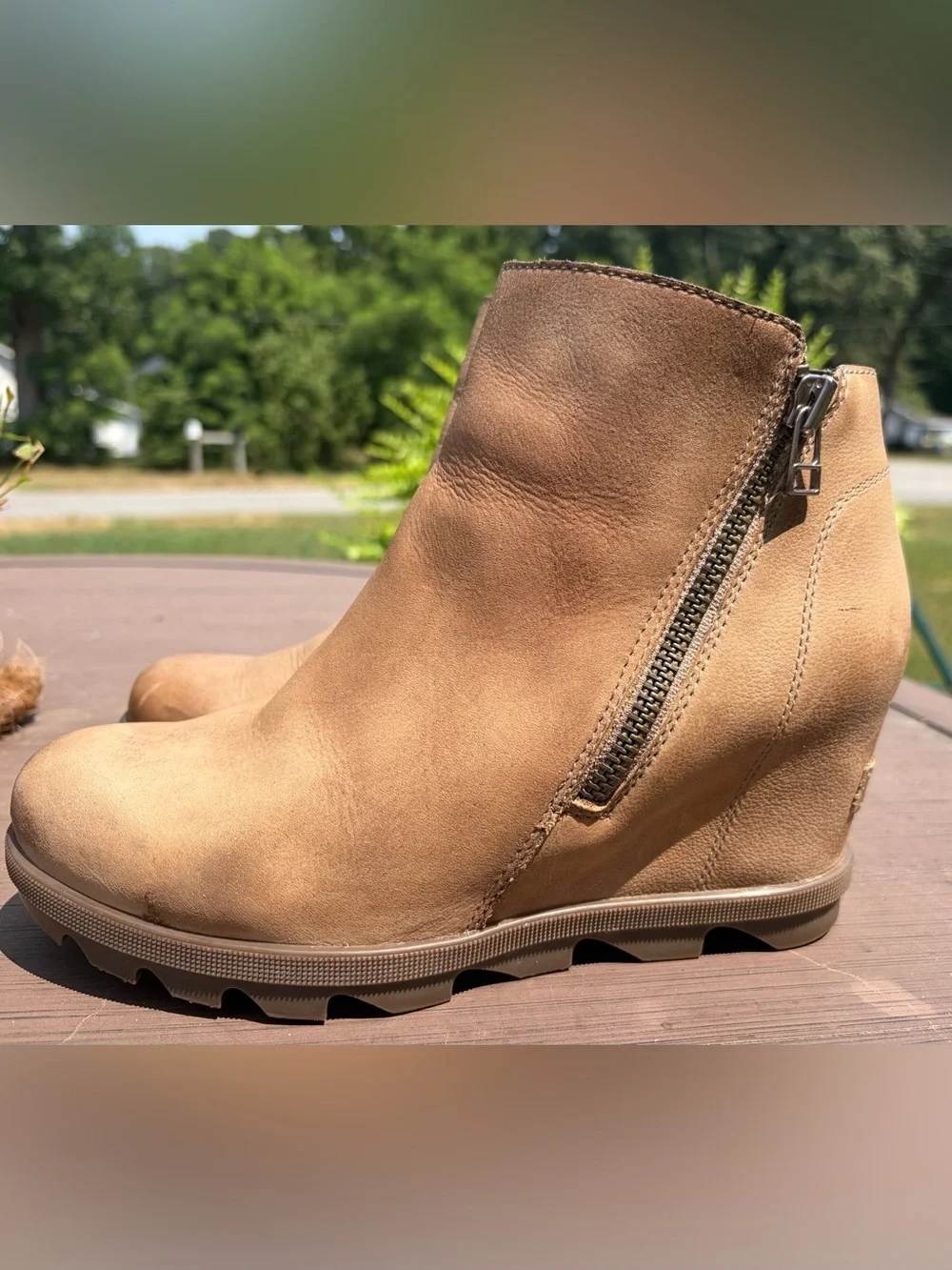 SOREL Women's Joan of Arctic Wedge II Zip Waterproof Leather Bootie tan size 8